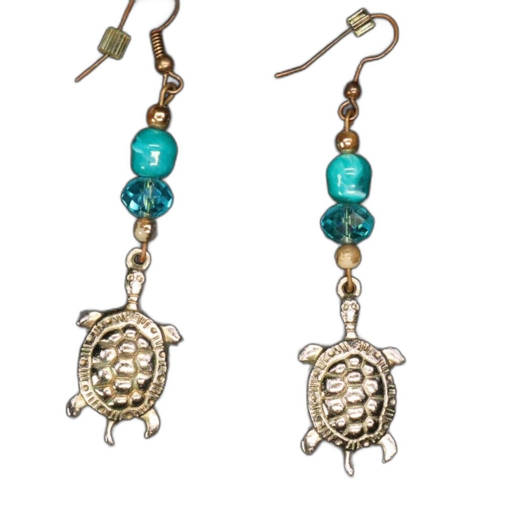 Turtle Pierce Earrings Teal Bead and Gold Dangle